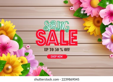 Diseño de banner vector de venta de primavera. Promo de primavera de texto de descuento con elementos florales coloridos florecientes para publicidad de promoción de fondo de volantes. Ilustración vectorial.