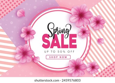 Spring sale vector banner design. Spring season sale with pink flower cherry blossom elements for holiday season promotion  shopping discount template. Vector illustration spring sale promo design. 
