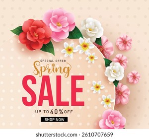 Spring sale vector banner design. Spring sale text up to 40% off special offer with camellia, plumeria and cherry blossom flowers for bloom seasonal discount promo. Vector illustration.

