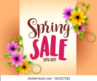 Diseño de Anuncio de Vector de venta de primavera con flores y vides de colores realistas en fondo naranja para promoción de marketing. Ilustración vectorial.
