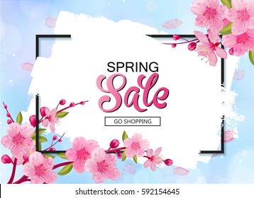 Spring Sale Vector Banner Design With Flowers And Frame. Cherry Blossoms And Blue Sky Background. 