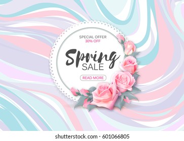 Spring Sale Vector Banner Design With Flowers And Frame. Pink Roses On Marble Background.