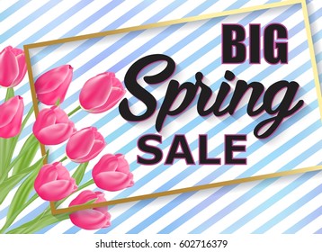 Spring sale vector banner design with pink tulips and frame.  