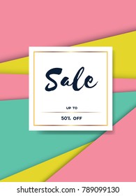 Spring sale vector banner with elegant, luxurious golden frame badge and colroful, playful pastel color background. Eps10 vector illustration.