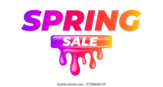 Banner vetor de venda de primavera com efeito de gotejamento líquido, tipografia gradiente colorido criativo isolado no fundo branco para promoção de varejo e desconto sazonal