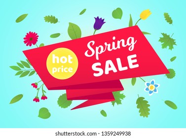 Spring sale vector banner or poster gradient flat style design vector illustration. Huge red ribbon with text SPRING SALE, HOT PRICE, leaves and beautiful flovers around isolated on sky background.
