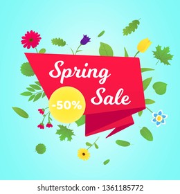 Spring sale vector banner or poster gradient flat style design vector illustration. Huge red ribbon with text SPRING SALE, green leaves and beautiful flovers around isolated on sky background