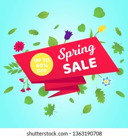 Spring sale vector banner or poster gradient flat style design vector illustration. Huge red ribbon with text SPRING SALE, green leaves and beautiful flowers around isolated on sky background