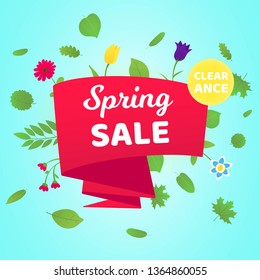Spring sale vector banner or poster gradient flat style design vector illustration. Huge red ribbon with text SPRING SALE, green leaves and beautiful flovers around isolated on sky background