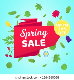 Spring sale vector banner or poster gradient flat style design vector illustration. Huge red ribbon with text SPRING SALE, green leaves and beautiful flovers around isolated on sky background