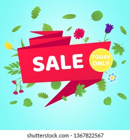 Spring sale vector banner or poster gradient flat style design vector illustration. Huge red ribbon with text SPRING SALE, green leaves and beautiful flovers around isolated on sky background