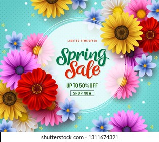 Spring sale vector banner template with colorful flowers elements like chrysanthemum and daisy in the background and spring season discount promotional text in white frame.
