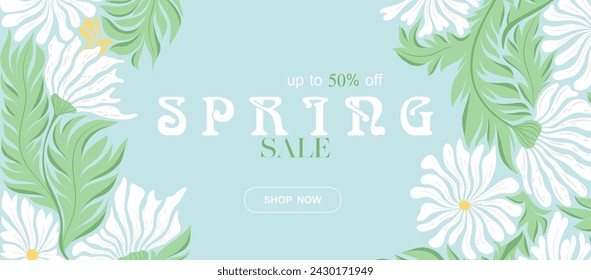 Spring sale vector banner template with abstract flowers and leaves isolated on blue green background. Design for advertising, promotion, flyer, invitation, card, poster, banner