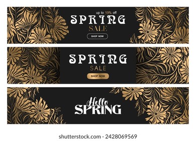 Spring sale vector banner templates collection with abstract gold flowers and leaves isolated on black background. Illustration for advertising, promotion, flyer, invitation, card, poster