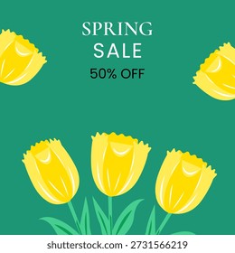 Spring sale vector banner with yellow tulips on a green color background. Spring sale, sale banner, tulips banner, web banner, spring discount. Vector illustration. 