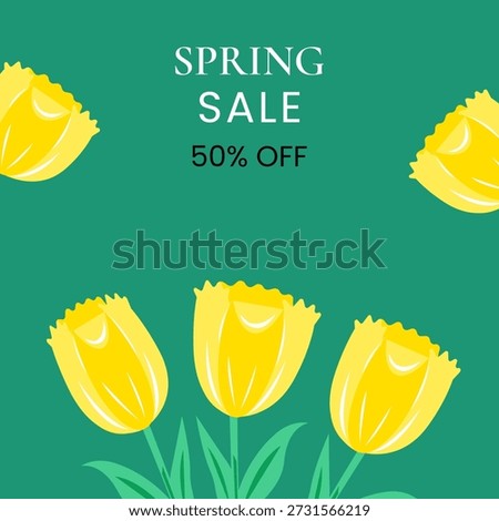 Spring sale vector banner with yellow tulips on a green color background. Spring sale, sale banner, tulips banner, web banner, spring discount. Vector illustration. 