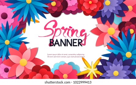 Spring sale vector banner,poster,invitation card design on colorful background with flowers in paper cut, origami style. Vector illustration