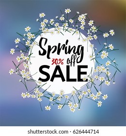 Spring Sale vector colourful banner. 30% off flyer. Blue background with camomile or daisy flowers' wreath, garland or circlet. Spring discount card or poster.