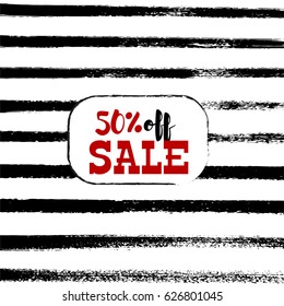 Spring Sale vector colourful banner. 50% off flyer. Stripy background for discount posters. Hand painted brushstrokes, grungy dirty glamour design with black and white strokes. 