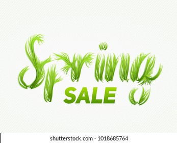 Spring sale vector concept with grassy letters. Spring green vibrant grass letters with shadows. Elegant abstract illustration for you promo campaign, flyer or card etc.