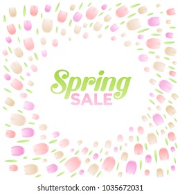 Spring sale. Vector design of coupon, card or banner for promo of seasonal shopping actions. Floral turning frame of pink, white, cream tulip bulbs and green leaves. Sweet flower vortex.