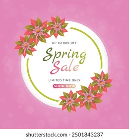 Spring sale vector design promotional post in circle with colorful flowers.
