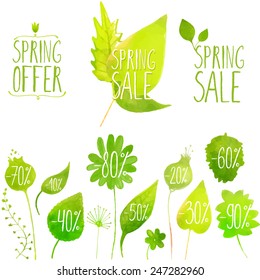 Spring sale vector green elements, labels and badges. Hand painted with watercolor plants, twigs, leaves. 