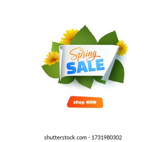 Spring sale vector hand drawn lettering text on realistic paper ribbon background template for web banner or internet landing page. EPS10