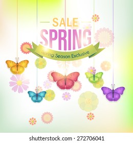 Spring Sale, Vector Hanging Butterflies and Flowers on Blurred Background