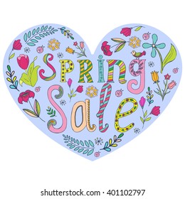 Spring sale vector illustration with bright flowers and leaves. 