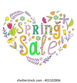 Spring sale vector illustration with bright flowers and leaves. Hand drawn spring sale card template.