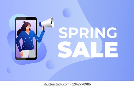 Ilustración vectorial de venta primaveral con carácter. Chica grita megáfono con palabras de venta primaveral. Puede usarse para plantillas de página de inicio, ui, web, aplicación móvil, afiche, banner, volante 