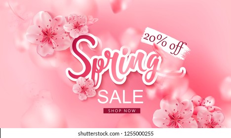 Spring sale vector illustration with cherry blossom flowers, flying petals. Pink sakura.  