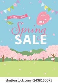 Spring sale vector illustration. Spring cityscape with cherry blossoms blooming.