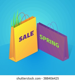 Spring sale vector illustration. Isometric paper bags on blue background.