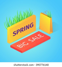 Spring sale vector illustration. Isometric buttons and paper bag on blue background.