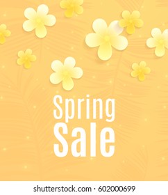 Spring Sale vector illustration with pale yellow paper flowers on orange background. Image can be used for flyer, poster, discounts, marketing.