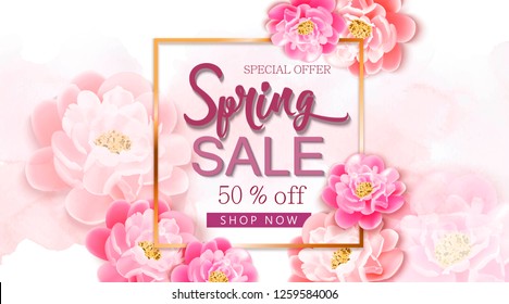 Spring sale vector illustration with peonies flowers, golden frame, pink watercolor background.