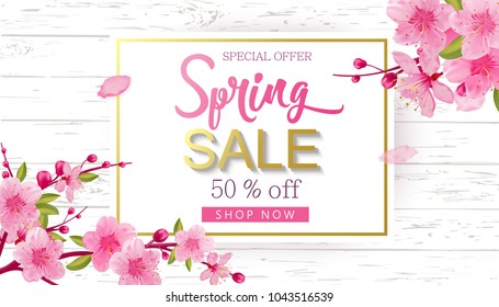 Spring Sale Vector Illustration. Seasonal Banner With Cherry Blossoms.