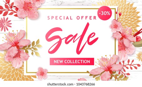 Spring Sale Vector Illustration. Seasonal Banner With Cherry Blossoms, Flowers, Wood Background.