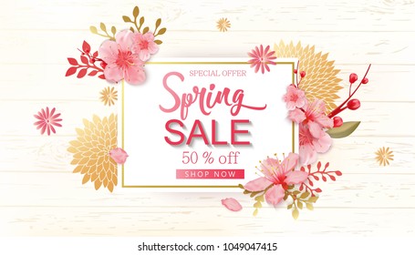 Spring Sale Vector Illustration. Seasonal Banner With Cherry Blossoms.
