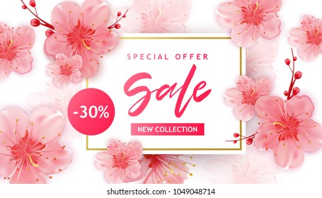 Spring Sale Vector Illustration. Seasonal Banner With Cherry Blossoms, Flowers, Wood Background.