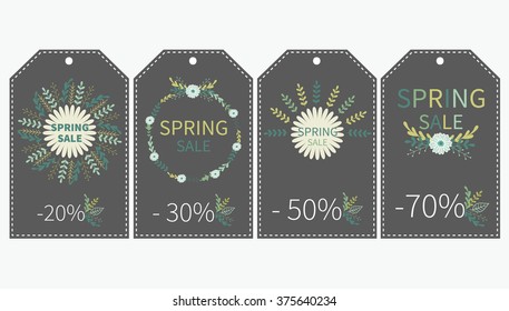 Spring. Spring sale. Vector labels design with white leaves, herbs and flowers painted by hand. Printable cards