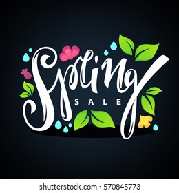 Spring Sale, vector lettering composition, with images of leaves, flowers and rain drops on dark background