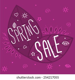 Spring sale vector poster with leafs and typography composition