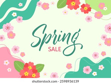 Spring sale vector template for banner, greeting, card, shop sign. Cute abstract background cherry blossom sakura flowers frame. Lettering text, copy space. Season shopping offer elegant invitation.