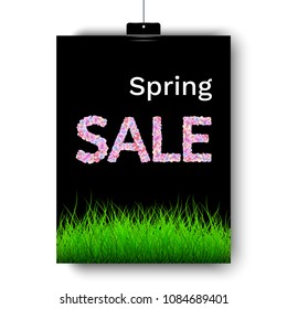 Spring sale vector template with floral decorative letters and green grass.