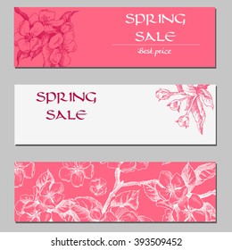 Spring sale. Vector template label with hand-draw spring flowers on tree branch. Spring background