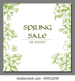 Spring sale. Vector template label with hand-draw spring flowers on tree branch. Spring background