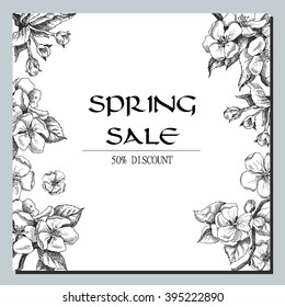 Spring sale. Vector template label with hand-draw spring flowers.